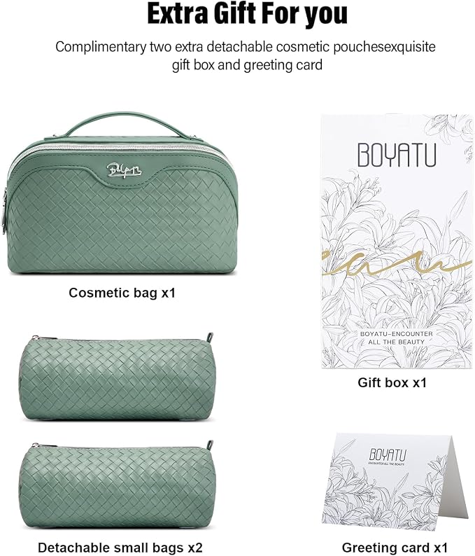 BOYATU Travel Makeup Bag Cosmetic Bags for Women: Large Capacity 3 Pcs Set Make up Bag with Compartments - Waterproof Vegan Leather Toiletry Organizer Bags with Handle (L10 Grass Green)