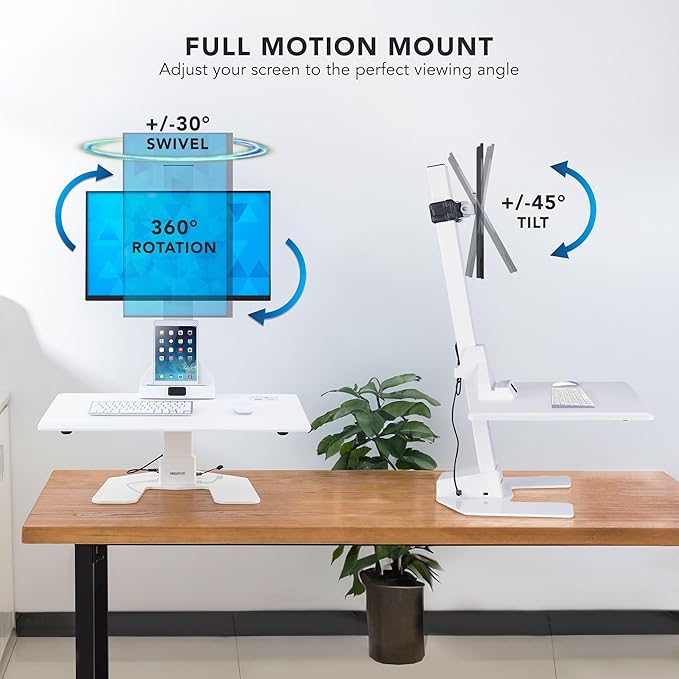 Mount-It! Electric Standing Desk Converter, Adjustable Tabletop Sit Stand Desk Riser with Single Monitor Mount for Monitors up to 32", Freestanding 28" Wide Platform Rises up to 20.75" White