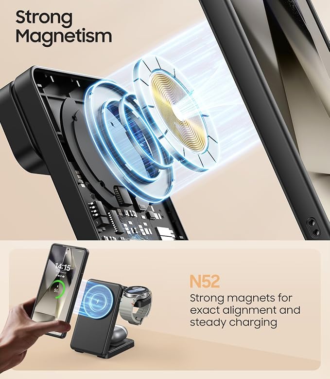 3 in 1 Magnetic Foldable Wireless Charger for Samsung, Fast Mag-Safe Charging Station for Galaxy S26 S25 S24 Ultra Plus/Z Fold/Z Flip 7/6/5, Charger Stand for Galaxy Watch Ultra /8/7/6/5/Pro, for Buds