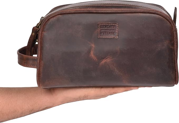 LEATHER VILLAGE Genuine Leather Toiletry Travel Bag With Waterproof Lining - Mulberry Brown | King-Size Handcrafted Vintage Dopp Kit Bag, Shaving & Bathroom Organizer, Gift for Men & Women