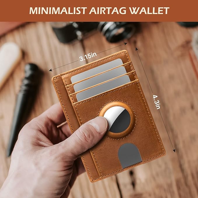 typecase Slim Minimalist Card Mens Wallet for AirTag, Front Pocket Premium Crazy Horse Leather Wallet with AirTag Holder, RFID Blocking Cash Credit Card Wallet Compatible with AirTag (Yellow)
