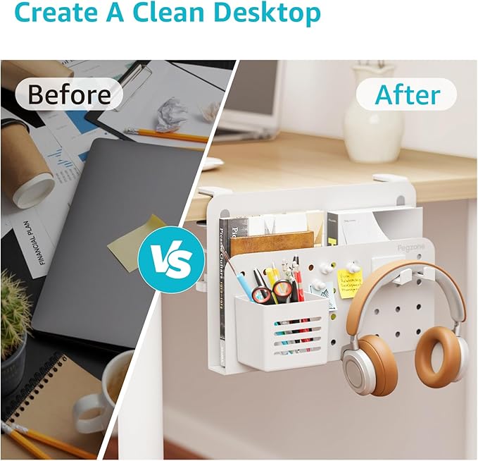 Desk Side Storage Organizer, No Drill Under Desk Laptop Holder, Clamp on Desks Shelf with Pegboard Accessories, Hanging Laptop Mount, Fits Flat Edge 0.4" to 2.2", White