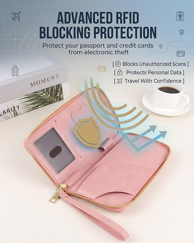 RFID Blocking Wallet for Women Men Cash Travel Passport Holder Family PU Leather Phone Document Organizer Case Cover Pouch with Lanyard Zipper Boarding Pass Id Card Pocket(Black)