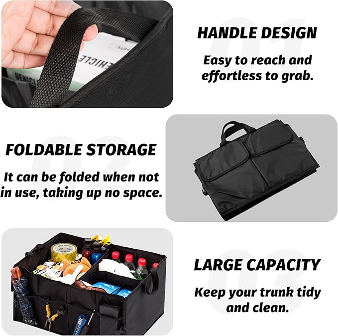 Car Trunk Organizer, Waterproof Adjustable Vehicle Storage Box, Automotive Collapsible Multi Compartment Organization Container Accessories, Universal for SUV, Sedan, Truck (Black)