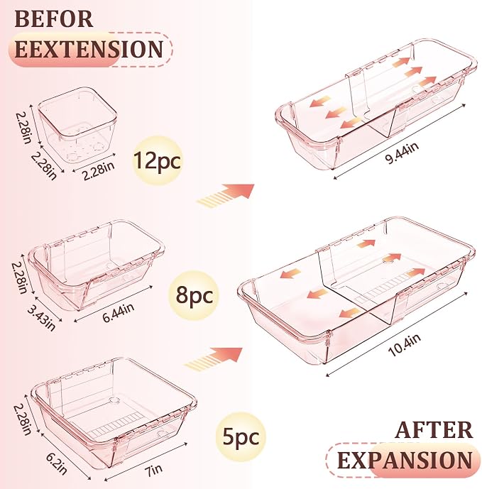 25 Pcs Clear Drawer Organizer, Adjustable Drawer Storage Box, 3-Size Desk Drawer Organizer, Acrylic Storage Bins for Makeup, Kitchen Utensils, Bedroom Dressers Tool Organizer for Gadgets, Pink