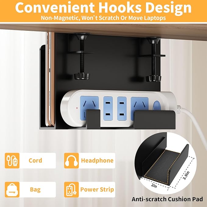 Space Saving Desk Side Storage No Drilling Under Desk Laptop Holder with Headphone Holder Cable Management Tray Carbon Steel Clamp Desk Storage Shelf Anti-Slip Magazine Holder for Home Office