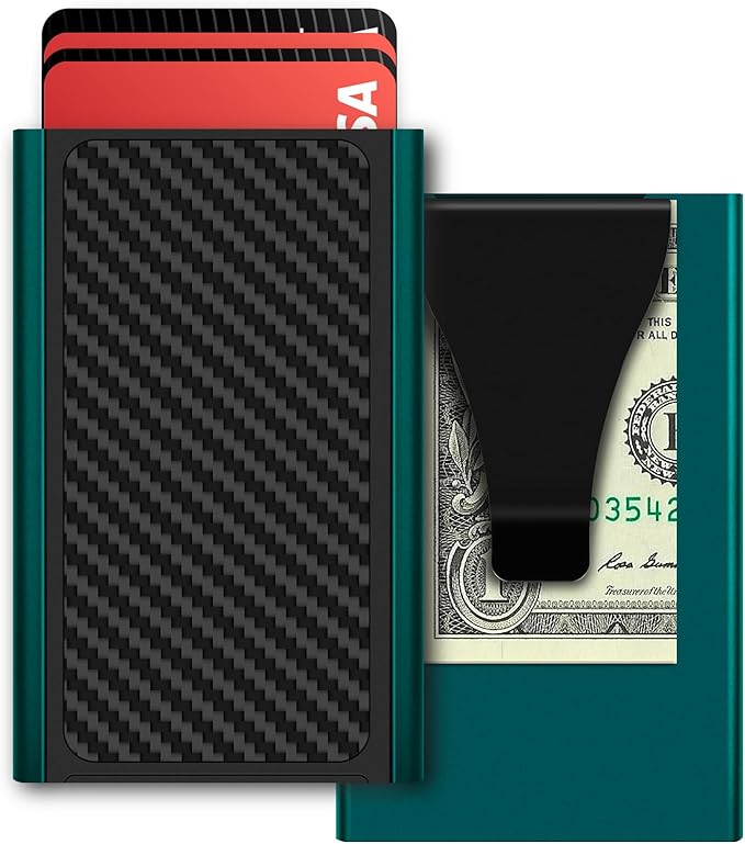 Pop Up Card Holder Wallet,Slim Minimalist Wallet for Men with Money Clip,Aluminum Front Pocket Mens Wallets,RFID Blocking Metal Card Case Stealth Wallet,Holds 6 Cards and Cash(Green)