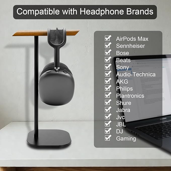 GEVO Headphone Stand for Desk, Walnut Wood & Aluminum Headset Stand, Universal Walnut Gaming Headset Holder with Solid Heavy Base for AirPod Max, Bose, Sony All Headphone Sizes (Square Base)