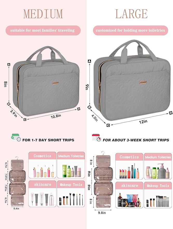 BALULHG Grey Toiletry Bag, Makeup Organizer, Travel Bag For Women Mens Toiletries, Waterproof with Hanging Hook, Large Capacity