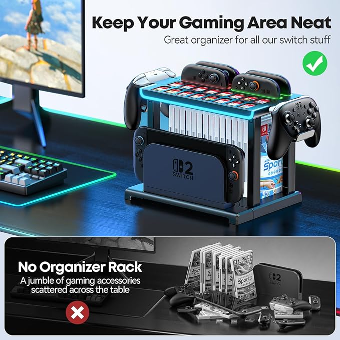 Switch 2 RGB Organizer Station with Controller Charging Dock, Switch 2 Storage Stand, Joycon 2 Charger, Gaming Accessories Holds TV Dock, 16 Game Cases, 16 Game Cards and 2 Pro Controllers