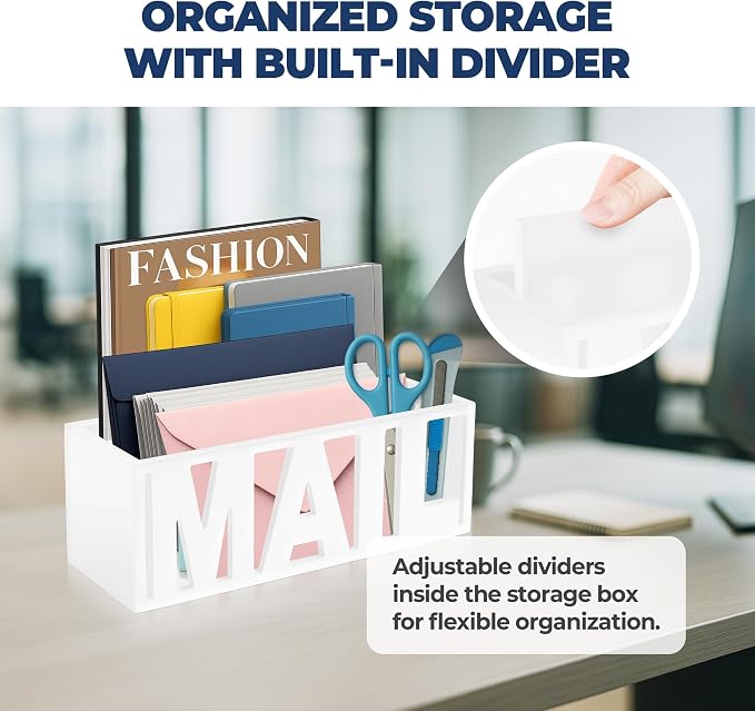 Mail Organizer Countertop – White Holder for Desk or Wall, Decorative Desktop Sorter, Envelope Tray & Bill Storage with Compact Size for Home Office Organization Accessories (11x4x4 in)