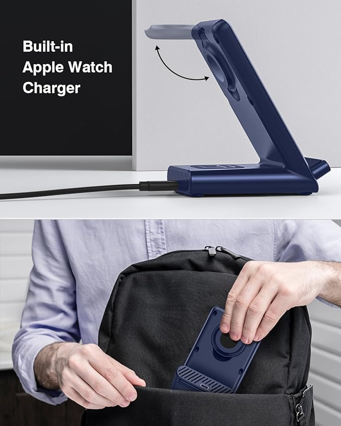 Wireless Charging Station,3 in 1 Charging Stand Made for Apple Watch Ultra 11 10 9 8 7 6 SE 5 4 3,Fast Wireless Charger Made for iPhone 17/Air/16/15/14/13/12/11,for AirPods Pro 3(with Adapter) (Blue)