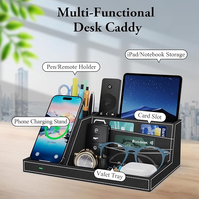 TopMade Wireless Charger Desk Nightstand Organizer, Leather Pen Holder Office Supplies Desk Accessories Fast Charging Station, Remote Control Holder, for iphone Charger Stand Gifts for Men (Black)