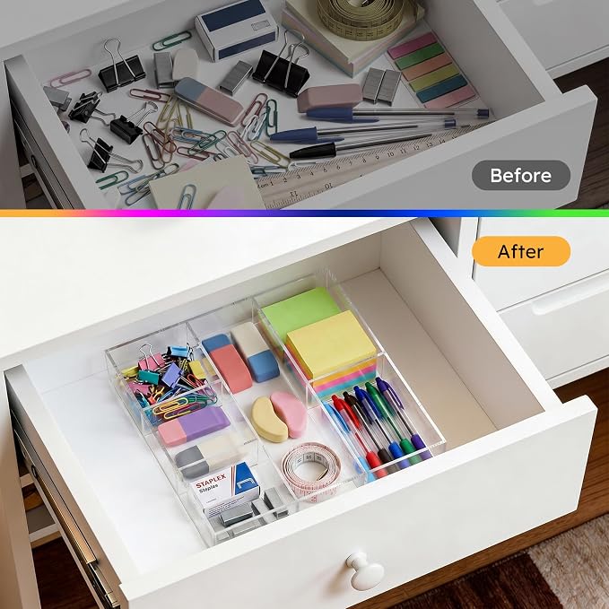 HIIMIEI Acrylic Drawer Organizer, 6 Section Clear Makeup Tray Organizer for Drawer Office Bedroom(11.8x11.8 inch)