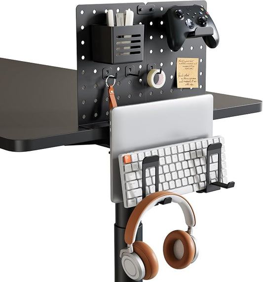 PEGZONE Clamp on Desk Pegboard Shelf, with 2-Slot Under Desk Laptop Holder | with Headphone Holder and Pegboard Accessories, Desk Side Storage for Office Gaming, Desk Organizer, Black