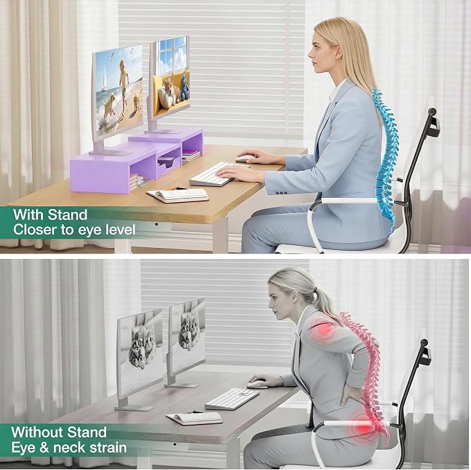OPNICE Dual Computer Monitor Stand Riser with Drawer, Workspace Desk Organizer, Office Supplies Desk Accessories for Women, Purple