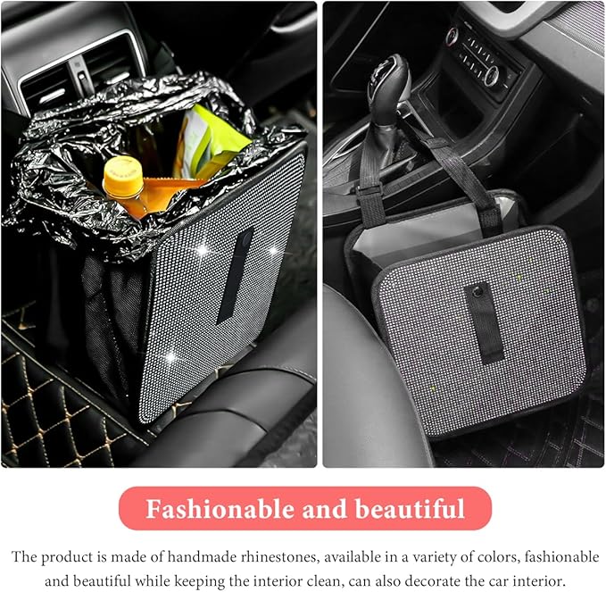 Car Foldable Trash Can, Bling Rhinestone Oxford Garbage Container Hanging Waterproof Organizer, Mini Crystal Dustbin Waste Basket Leakproof Trash Bin for Car Office Kitchen (White)