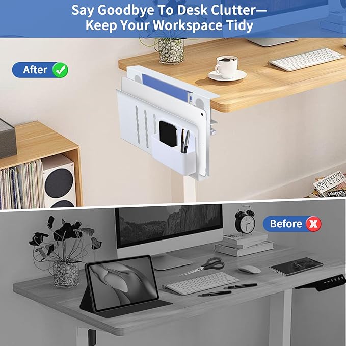 LUKETURE Laptop Holder, Steel Desk Side Storage, No Drill Standing Desk Accessories, Laptop Mount with Pen Holder, Back to School Supplies, Fits Flat Edge Tables 0.3" to 2.8" (White, M(1 Tier))