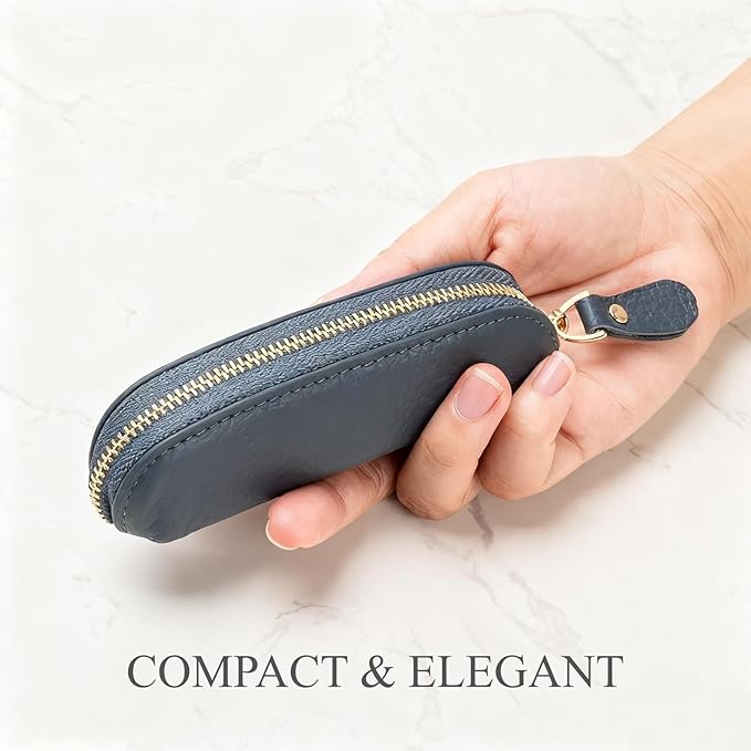 Full Grain Leather Coin Pouch - Travel Small Coin Purse with Zipper - Mini Key Pouch Change Purse for Women and Men (Navy Blue)