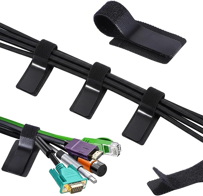 cobee 41 Pcs Cable Management Under Desk, Hook and Loop Cable Ties Self Adhesive Cables Clips Straps, Adjustable Cord Holder Up to 15 Cord for TV Laptop Desktop
