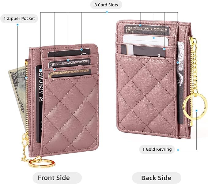 Credit Card Holder, Slim Keychain Wallet with Zipper Coin Pocket Front Small Pocket Wallet for Women, Pink