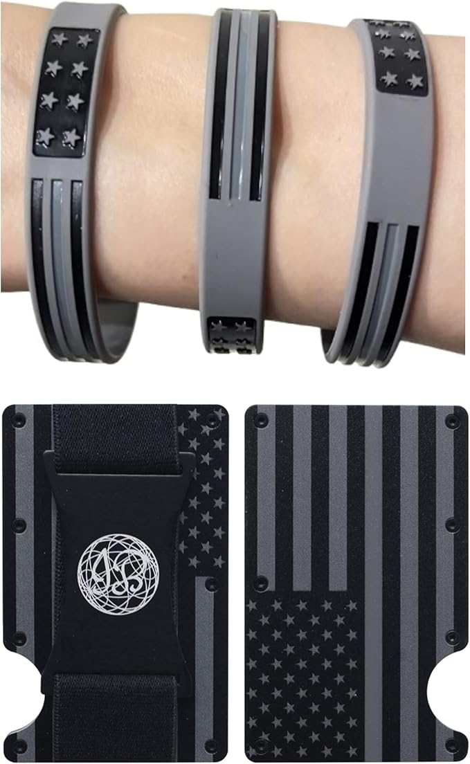 Black & Gray American Flag Engraved, Minimalist Wallet, RFID Blocking Aluminum Slim Wallet (Gray Strap with 3 V.Band)