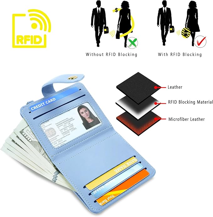 Airkit Small Wallets Woman RFID Blocking Leather Credit Card Holder - with ID Window - Card Wallets for Women - with Zipper Coin Purse - Keychain Wallet
