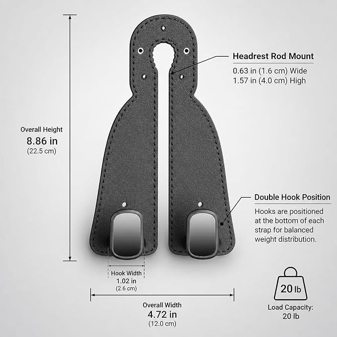 2 Pack Leather Car Seat Back Double Hooks - Heavy Duty Metal Core Headrest Hangers for Purses, Bags & Groceries - Anti-Drop & Scratch-Free Auto Interior Organizer Holder (Black)