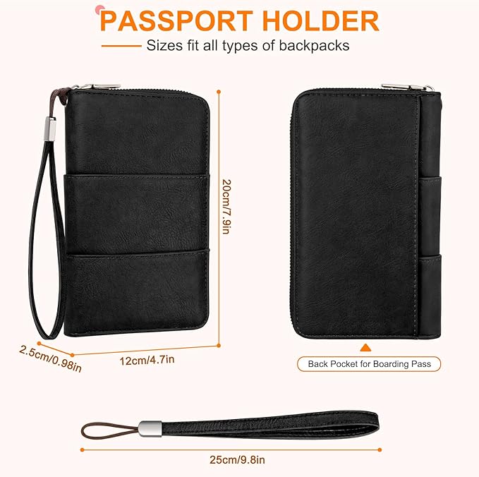 Family Passport Holder Wallet with Zipper, RFID Blocking Travel Document Organizer, PU Leather Passport Wallet for Women Men, Passport Cover Travel Wallet for Boarding Pass, ID, Money, Ticket