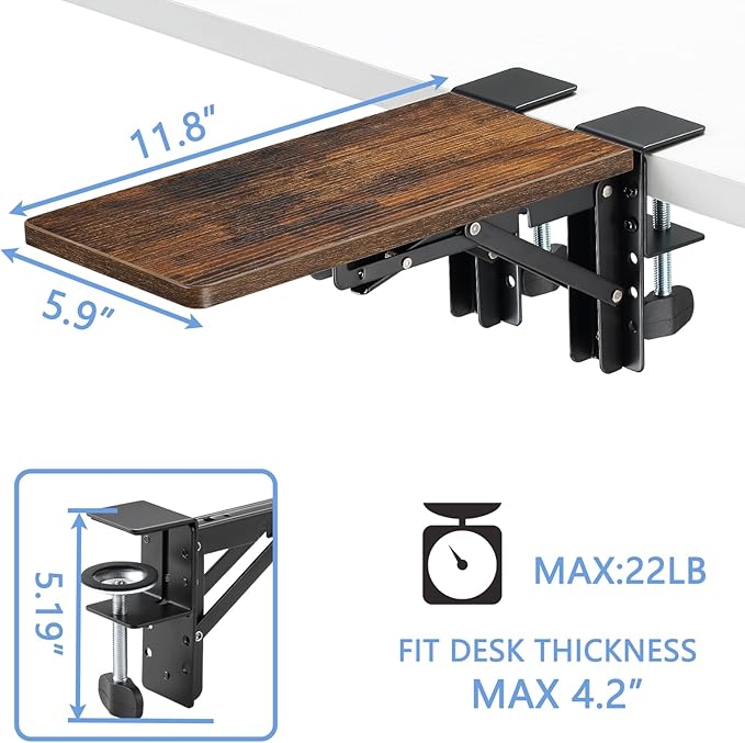 ETHU Desk Extender Tray, 11.8"x 5.9" Ergonomics Computer Arm Wrist Rest for Desk, Foldable Keyboard Drawer Tray Clamp On Mount Easy to Install, Armrest Support for Home and Office (Wood)