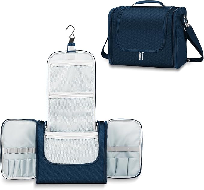 Buruis Extra Large Toiletry Bag for Women and Men, Hanging Travel Bag with Detachable Shoulder Strap for Full-Sized Toiletries, Water-Resistant Dopp Kit for Family Use and Long Trips, Blue