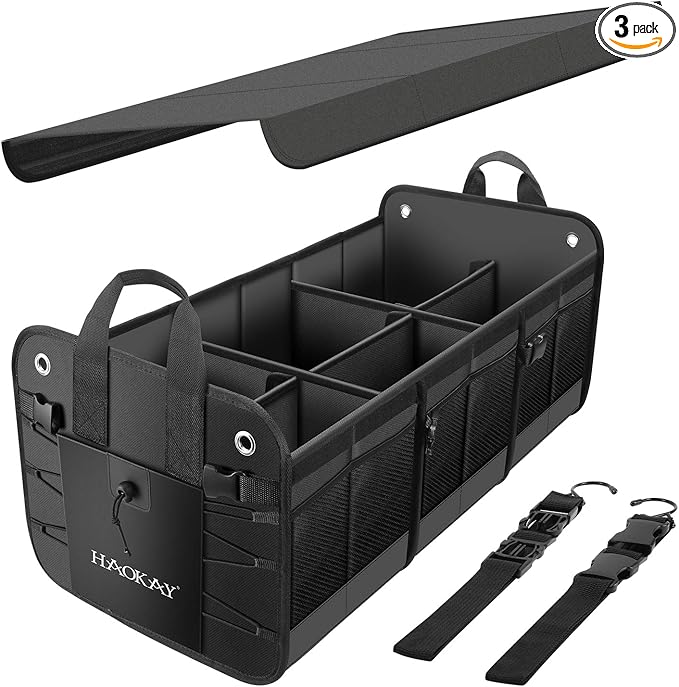 HAOKAY Car Trunk Organizer with Lid，Heavy Duty Extra Large Premium Black Oxford Multi Compartments Collapsible trunk organizer for SUV, Van, Truck, Sedan, Jeep （90L