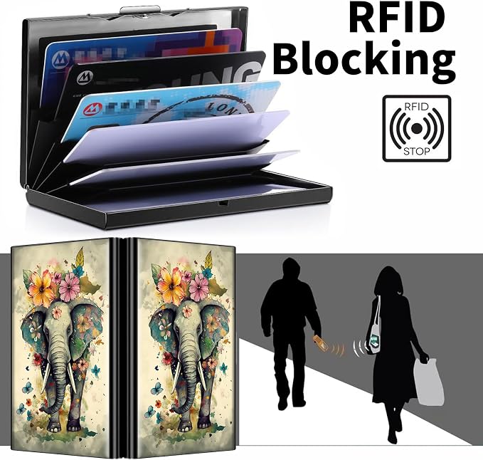 Metal Wallet, Credit Card Holder for Women Men Girls, RFID Blocking Aluminum Wallet Slim Hard Case, Mini Travel Wallet, ID Card Holder Business Card Case,Elephant Flowers