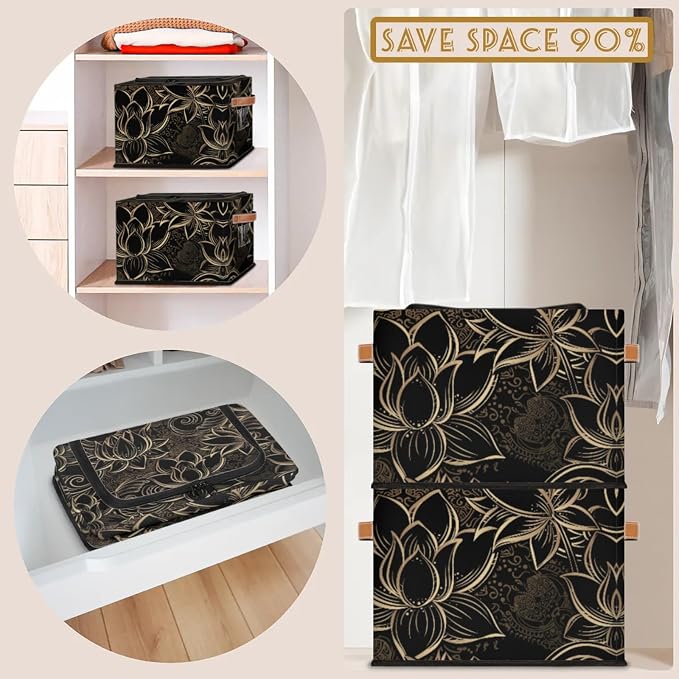 Storage Bins With Zipper Lid, Collapsible Trunk Organizer, Car Organizers and Storage Bins with Lids, Decorative Storage Boxes with Handle, Home Storage Baskets For Organizing (Golden Lotus)