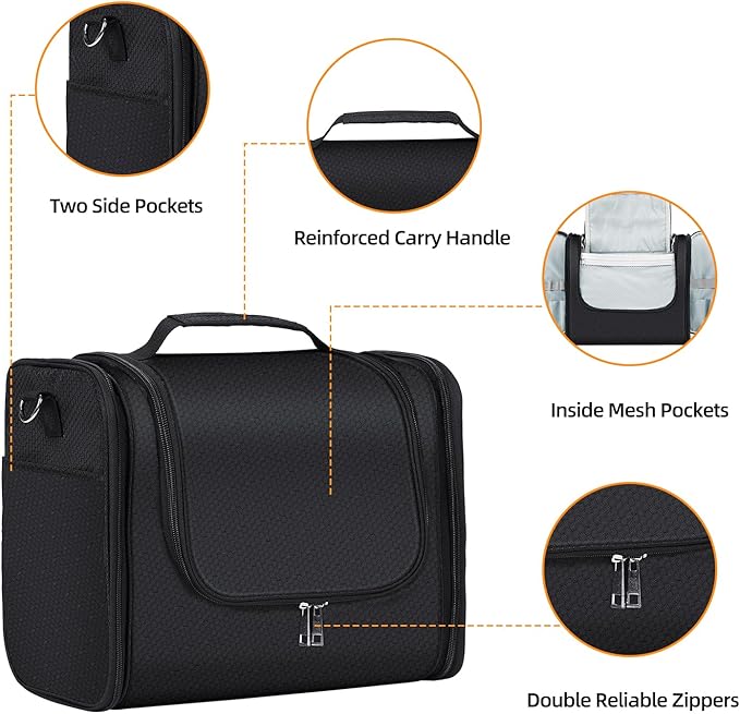 Buruis Extra Large Toiletry Bag for Women and Men, Hanging Travel Bag with Detachable Shoulder Strap for Full-Sized Toiletries, Water-Resistant Dopp Kit for Family Use and Long Trips, Black
