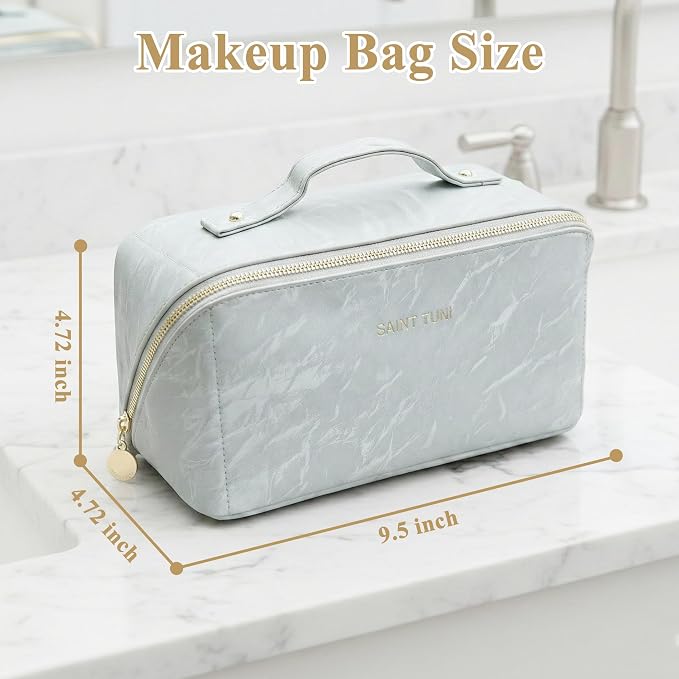 Cosmetic Bag,Travel Makeup Bag, Large Capacity Cosmetic Bags for Women, Waterproof Portable Open Flat Toiletry Bags,Makeup Organizer Bag with Divider and Handle, Cosmetic Pouch Gifts for Women (Grey)