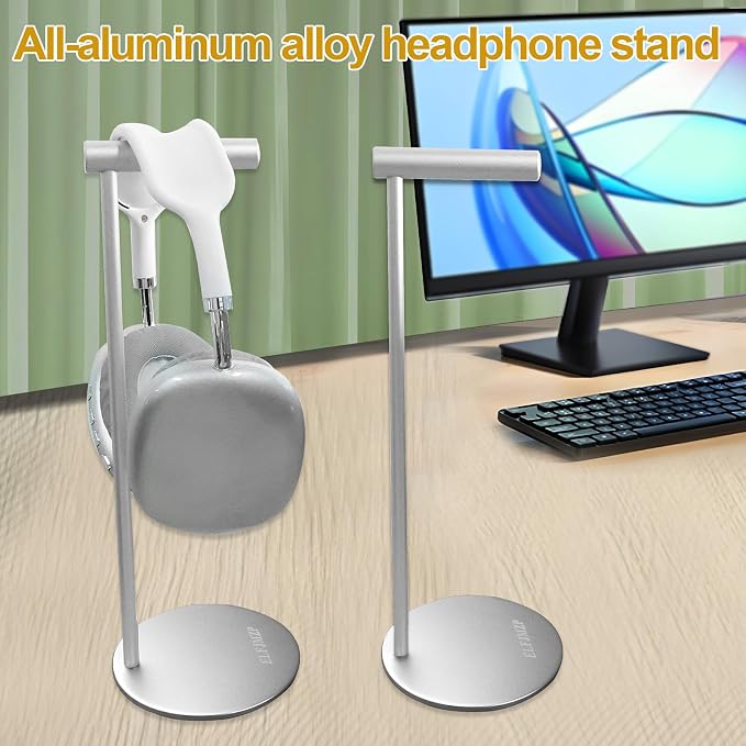 Aluminium Headphone Stand, Silver Desktop Holder for Over-Ear Headphones, 98mm Round Base, 280mm Height, 80mm Support Arm, with Installation Tools
