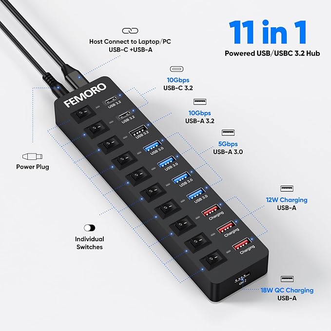 Powered USB C Hub 3.2 11-Port 48W, USB-C 3.2 (10Gbps)*2 + USB-A 3.2 (10Gbps)*1 + USB-A 3.0 (5Gbps)*4 + Power-only Port*4 with 12V/4A Power Adapter High Speed for Laptop PC Phone SSD HDD Flash Drive
