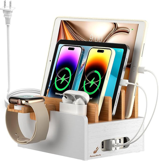 Pezin & Hulin Bamboo Charging Station for Multiple Devices with 5 Port USB Charger,5Cables,Smart Watch&Earbuds Stand, Desk Docking Stations Electronic Organizer for Cell Phone, Tablet (Natural+White)