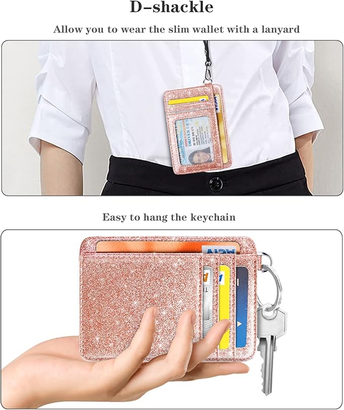 Coco Rossi Slim Front Pocket Wallet RFID ID Card Holder Cute Small Wallet with Keychian for Women,Rose Gold Glitter