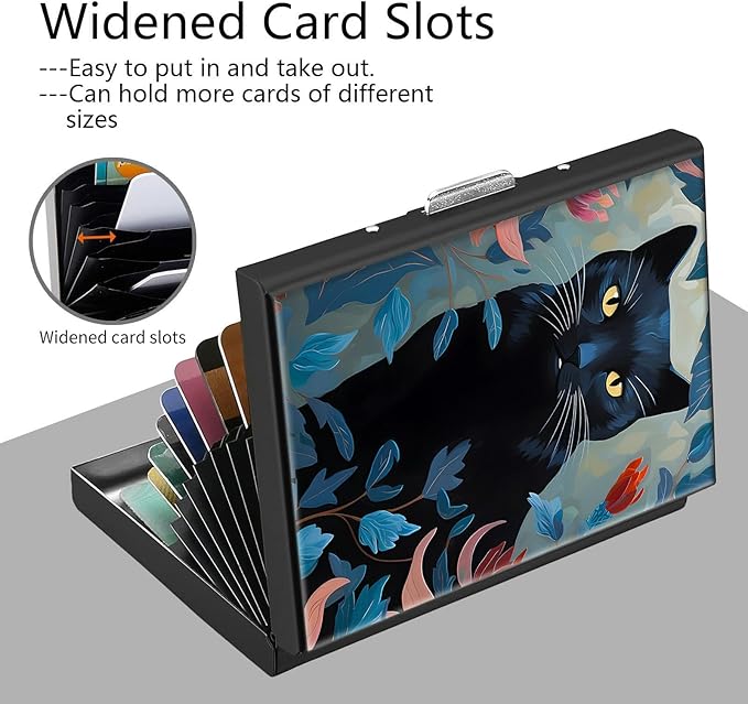 Credit Card Holder, Black Cat Art Design Mini RFID Blocking Aluminum Wallet Slim Metal Hard Case Shell Travel Wallet ID Case Small Credit Cards Case Business Cards for Women Men Girls