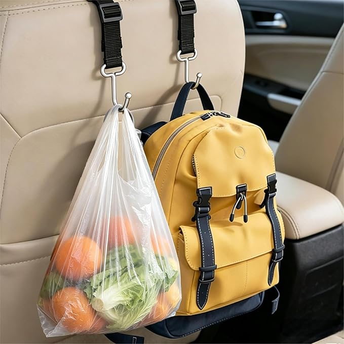 Car Seat Headrest Hooks, 4-Pack | Heavy Duty Metal, For Purses, Handbags & Grocery Bags, Universal Car Storage Organizer, Fits Most Vehicles