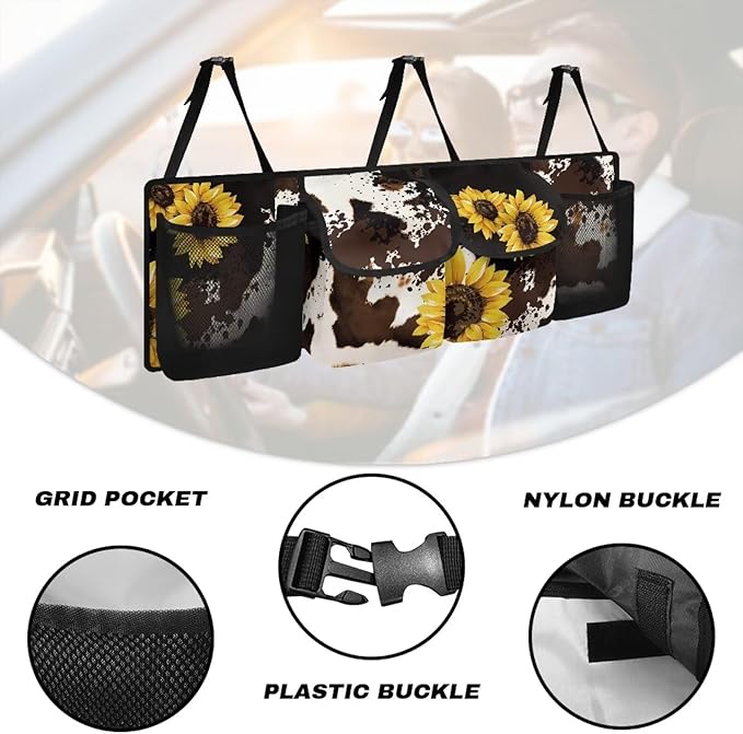 Yellow Sunflower Auto Hanging Seat Back Storage Brown Cow Spots Hanging Cargo Storage Bag for SUVs & Sedans