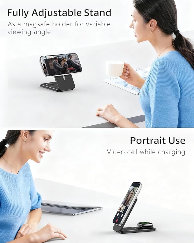 3 in 1 Magnetic Wireless Charging Station for Apple Devices, MagSafe Compatible Foldable Travel Charger Stand for iPhone 17/16/15/14/13/12 Series, Apple Watch Ultra/10/9/8/7/6/SE & AirPods Pro/4/3