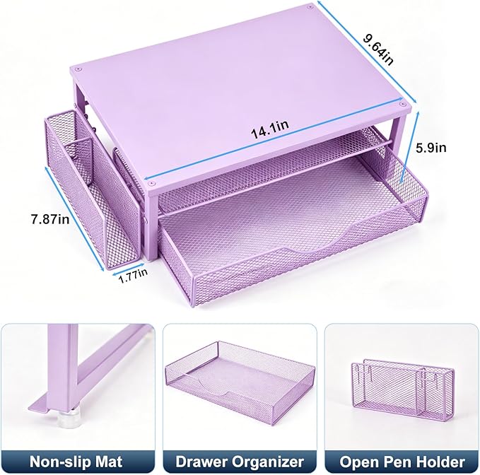 Spacrea Desk Organizer and Accessories, Computer Monitor Stand Riser with Drawer and 1 Open Pen Holder, Printer & Laptop Stand, Office Desk Accessories for Home Office Supplies (Purple)