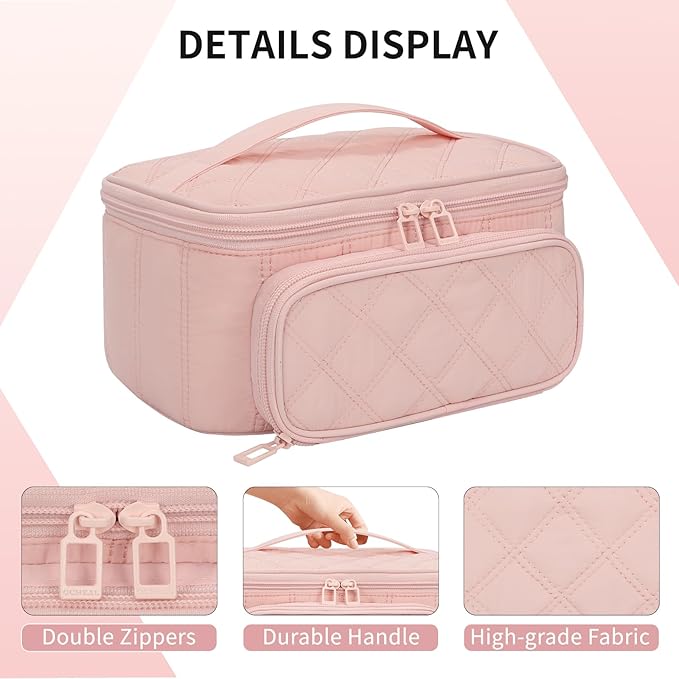 OCHEAL Makeup Bag, Multifunctional Make Up Bags Large Compact Makeup Bag Organizer Cosmetics Toiletry Brushes Storage Makeup Case with Handle for Women Girls Makeup Case with Handle-Pink