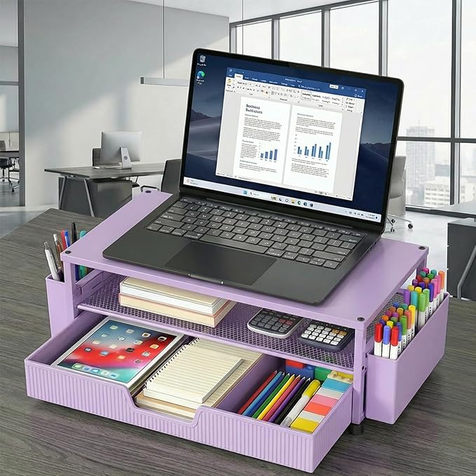 ECOLOVI Desk Organizer and Accessories, 2-Tier Computer Monitor Stand Rise with Storage Drawer & 2 Pen Holders, Laptop & Printer Stand for Desktop, Workspace Organizers for Office Supplies (Purple)