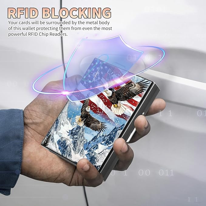 Slim Credit Card Holder, Eagle Iceberg American Flag RFID Blocking Metal Wallet for Men & Women, Aluminum Minimalist Hard Case Pocket-Sized Business Cards Organizer (Fits Up to 10 Cards)