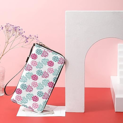 Clutch Wallet Holder for Women Men Blue Pink Geometric Pineapple Portable Accordion Zipper Credit Card Storage Bag Waterproof Purse Leather Wallet for Travel Work Shopping