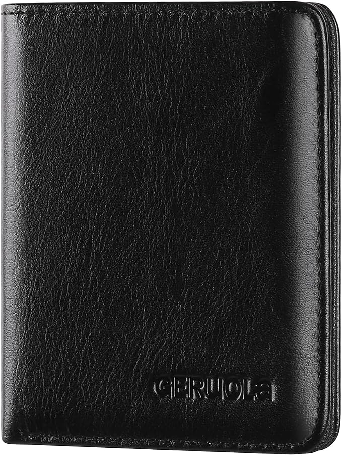 Bifold Slim Men Wallet Genuine Leather Thin, Small Vertical RFID Blocking Wallets for Men ，Compact & Stylish with Clear ID Windows (Black)